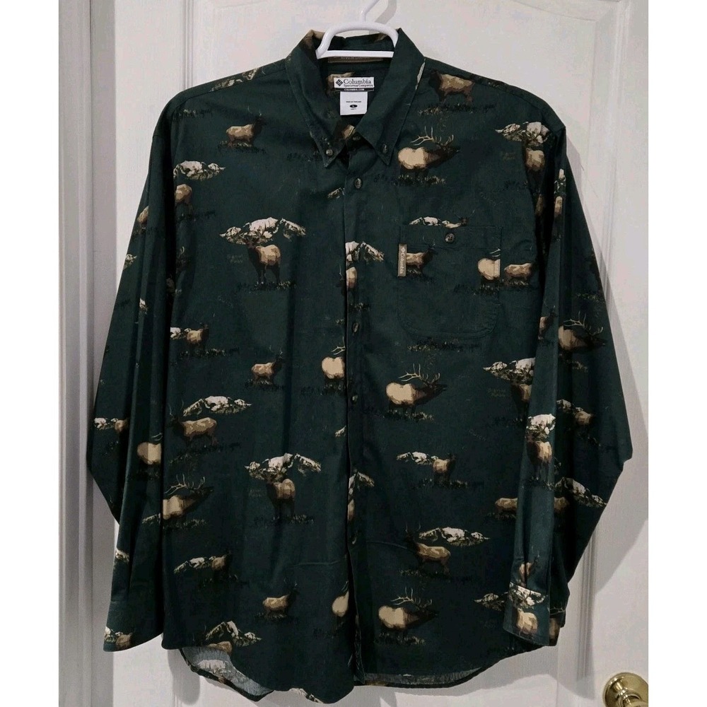 Mens Columbia River Lodge Green Elk Print Heavy Shirt Large Hunting Deer Moose